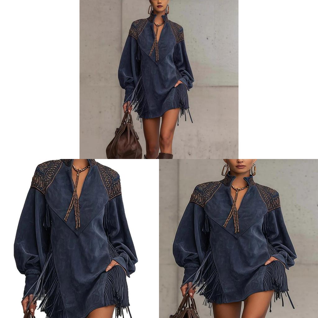 Elegant British Style Long Sleeve High Neck Suede Dress For Casual And Party Wear