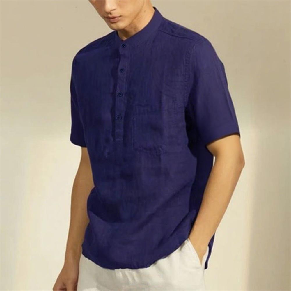 

Мужская футболка из хлопка и льна с вырезом хенли, повседневная, с коротким рукавом, футболки, отпускной пляжный стиль, однотонная, легкая, дышащая, топы XXXL темно-синий