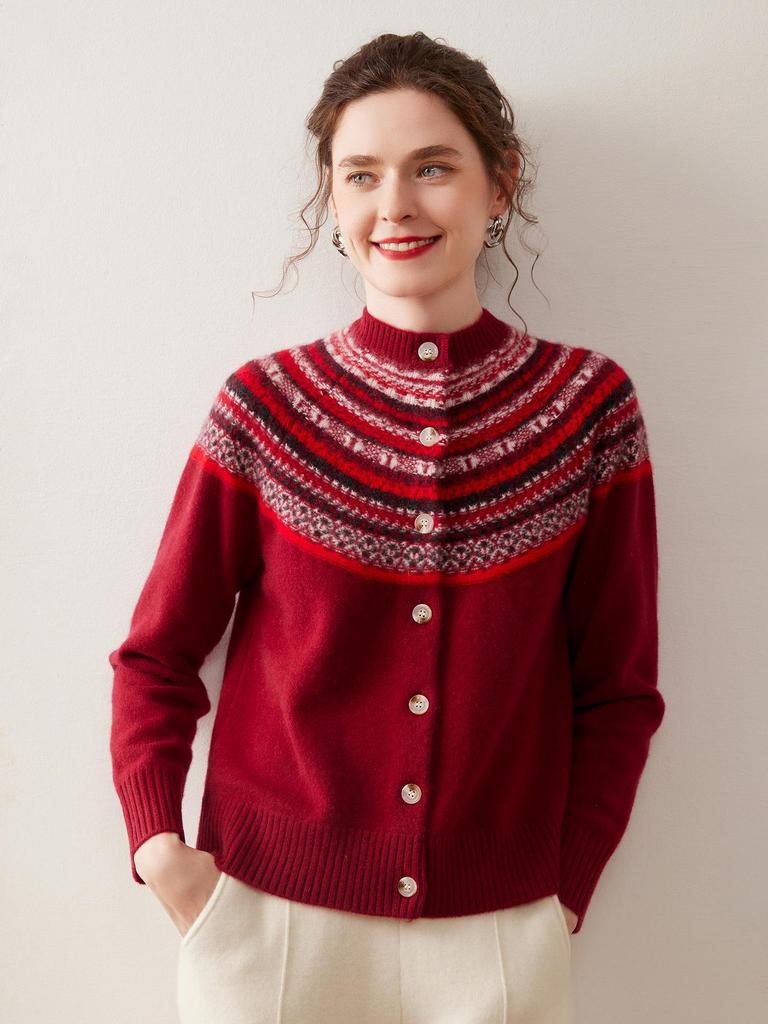 Women's Fair Isle Cashmere Button-Up Cardigan - Round Neck, Loose Fit, Thick, Autumn/Winter Style.
