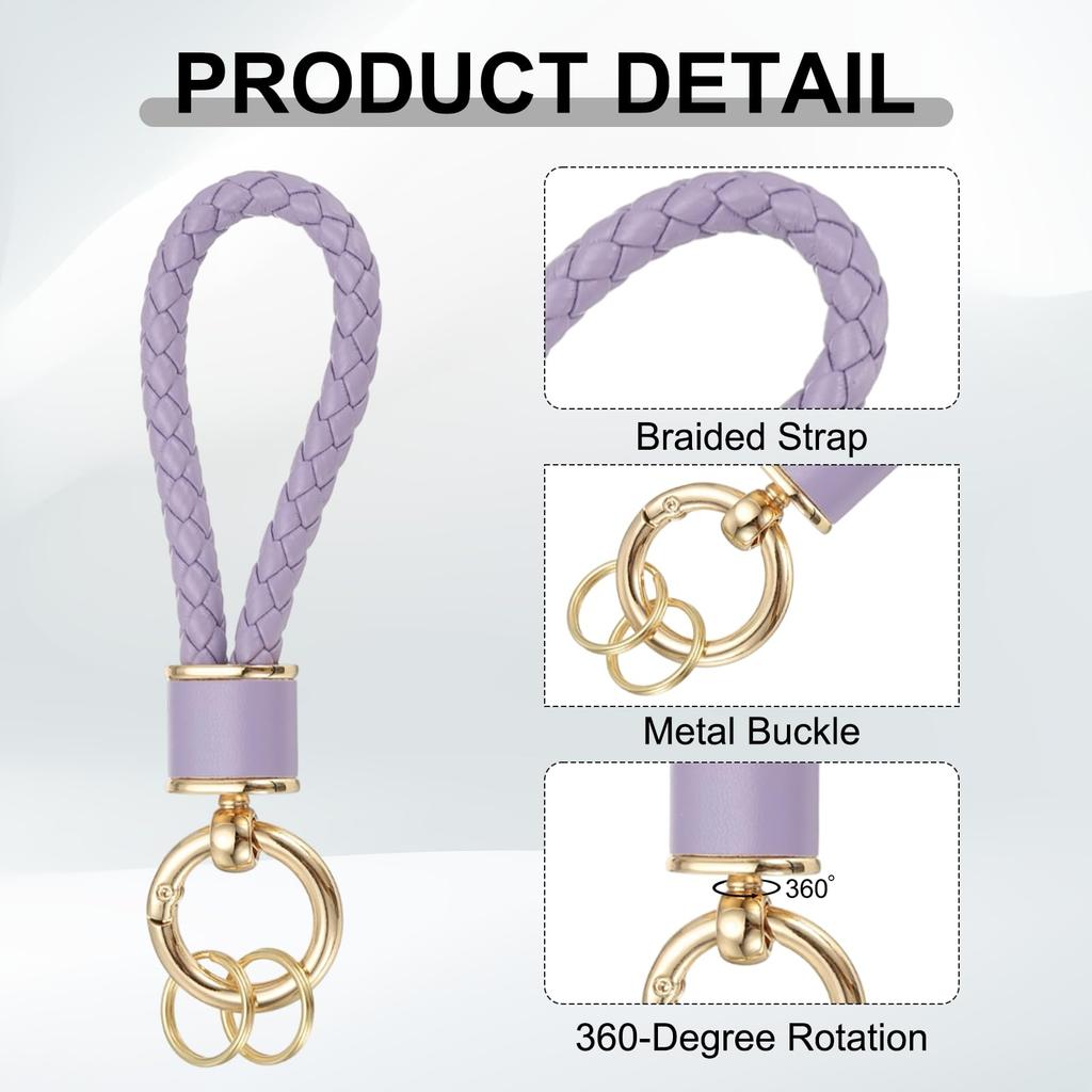 [uxcell] 2-Pack Braided Leather Keychains, 360-Degree Rotatable Braided Straps with Keychain Rings for Car Keys, Bags, and Wallets, GoldPurple