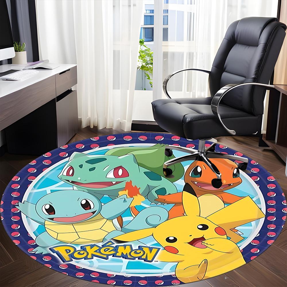 1PC Pokemon, Pikachu Office Round Rug - Perfect for Office or Study Decor, Machine Washable, Non-Slip Backing, Decorative Floor Mat