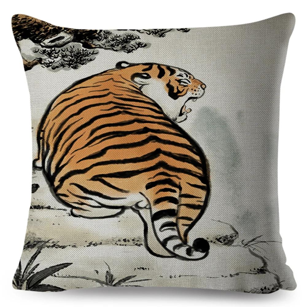 Funny Fat Tiger Cushion Cover Decor Cute Cartoon Animal Pillow Case for Sofa Home Car Linen Chinese Ink Throw Pillowcase