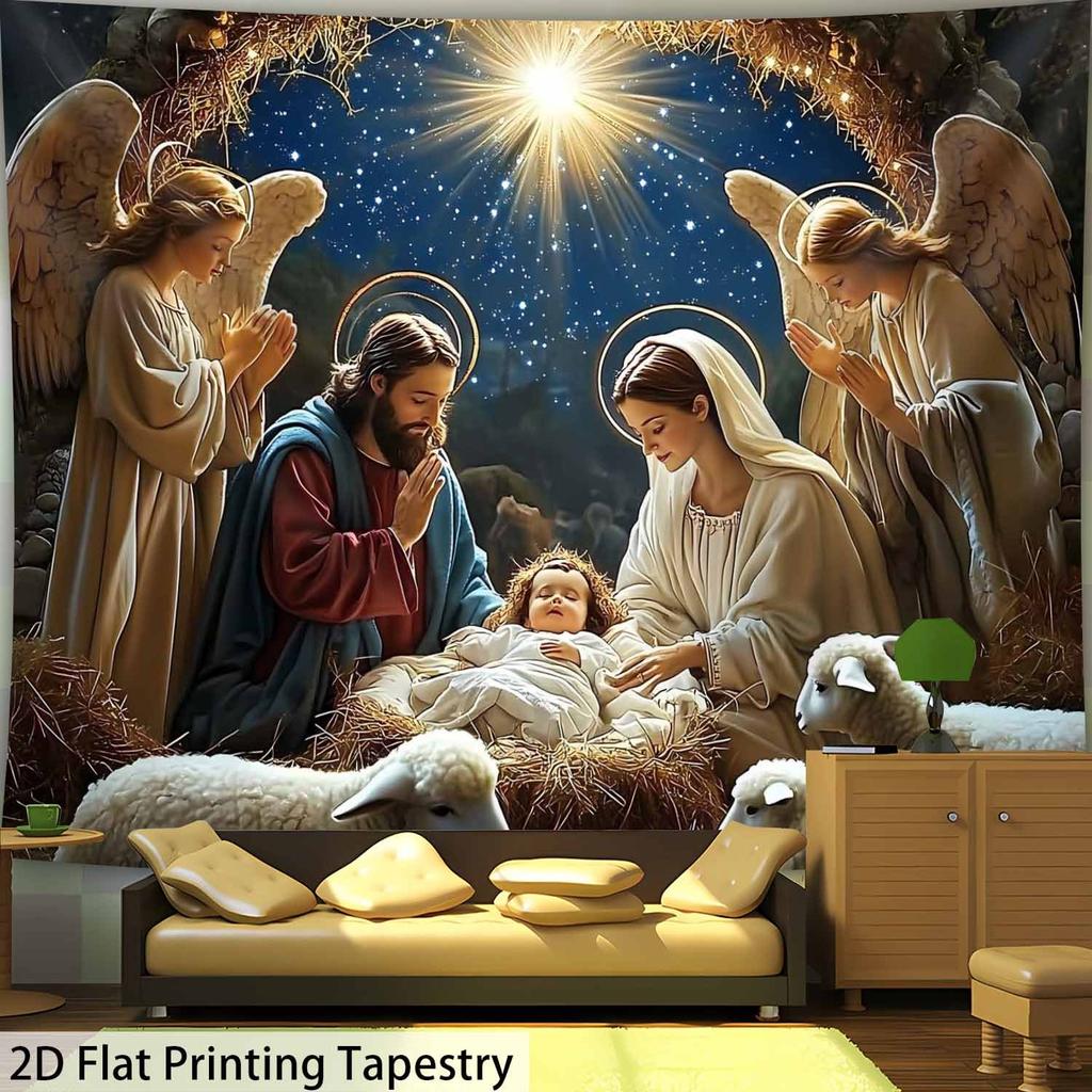 Krippen-Wandteppich, Baby Jesus mit Maria und Josef in der Krippe, Religiöses Wandbehang für Wohnzimmer Schlafzimmer