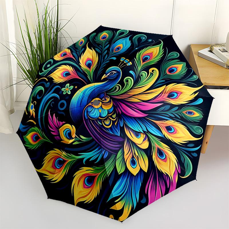 1pc Colorful Peacock Feather Auto-Open Close Umbrella - Portable Folding Design with 8-Bone Iron Frame, Outdoor, Gift for Fans, Travelers, Daily Use.J