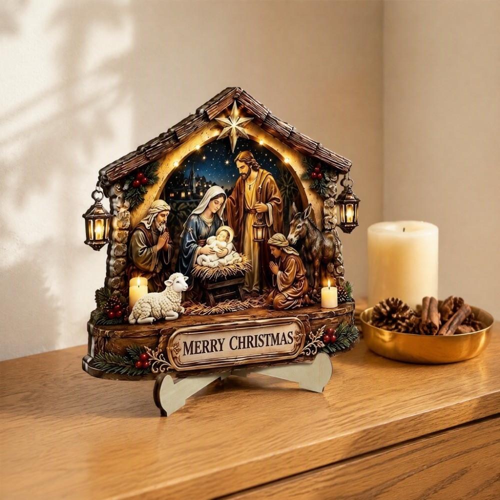 Vintage Rustic Christmas Nativity Wooden Ornament 2D Flat Christmas Prayer Theme Sign Office