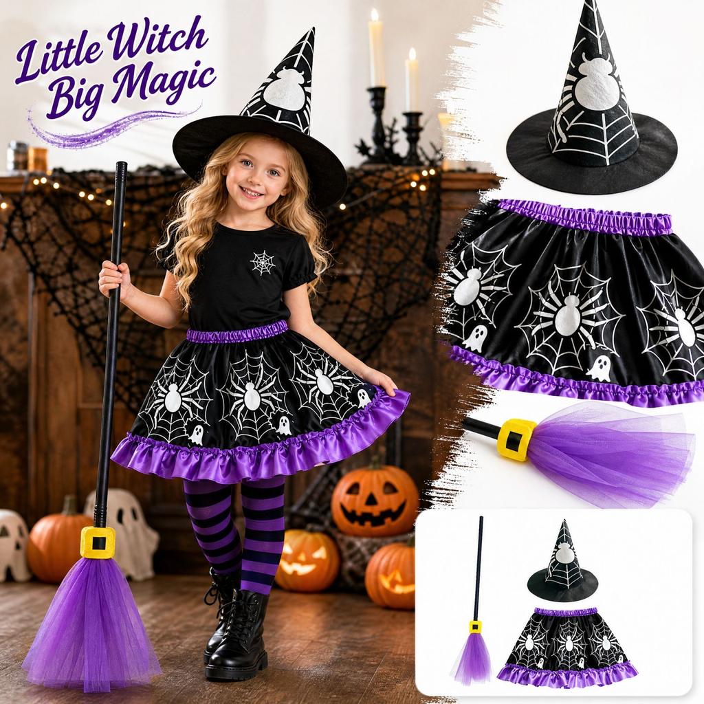 Girls Halloween Pumpkin Print Dress with Witch Hat and 3 Piece Costume Set