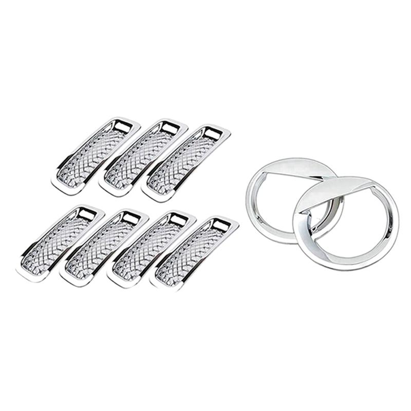 9Pcs Front Grille Mesh Trim+Head Light Cover Trim Bezels For Jeep Patriot 2011-2017