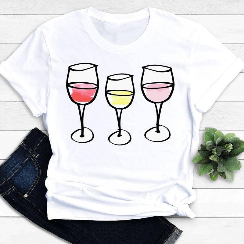 Womens Vintage Tee Color Wine Glass Print a Generation Hair Base Shirt Trend Aesthetic Graphic T Shirts Casual Tops