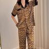 Women Sleepwear Set Rest Summer Autumn Pajama Set Turn Down Collar Faux Silk Satin Short Sleeve Leopard Female Pijama Home Wear