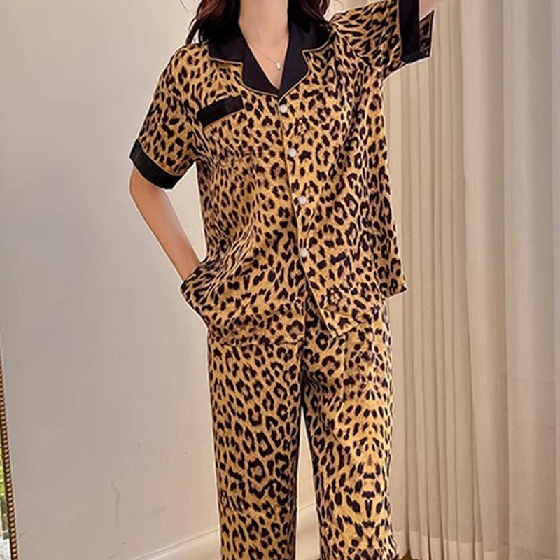 Women Sleepwear Set Rest Summer Autumn Pajama Set Turn Down Collar Faux Silk Satin Short Sleeve Leopard Female Pijama Home Wear