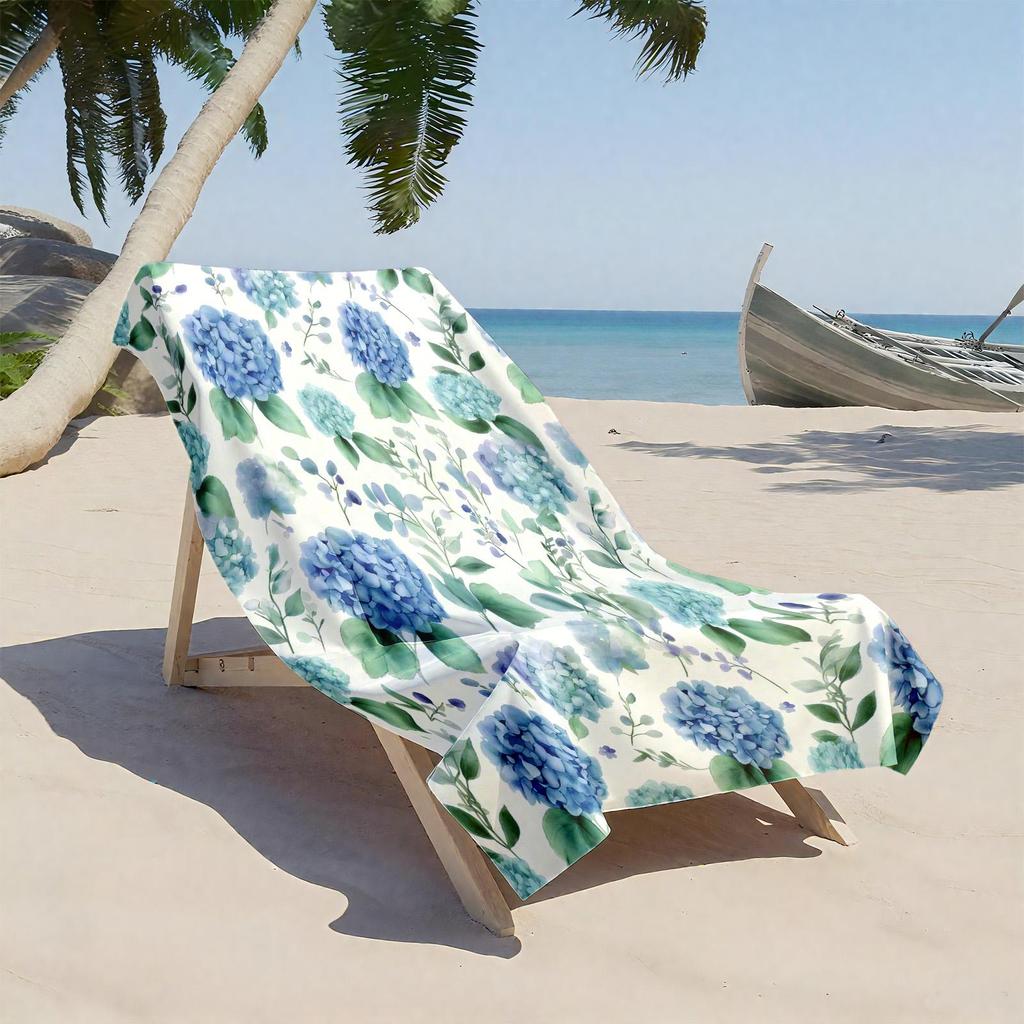1pc Elegant Blue Hydrangea Floral Pattern 2D Printed Microfiber Beach Towel, Quick Dry Super Absorbent. Great for Beach, Pool
