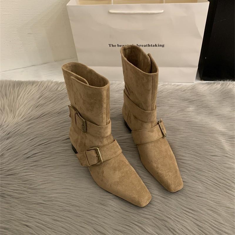 

Ретро пряжка ремня западные ковбойские сапоги женские 2025 осень новые квадратный носок толстый каблук замшевые тонкие темпераментные полусапоги 39 абрикосовый