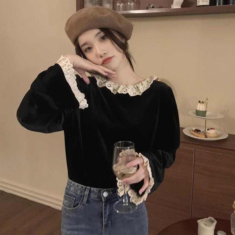 French Retro Velvet Lace-Trim Long Sleeve Top for Women - Reversible Wear, Autumn Collection
