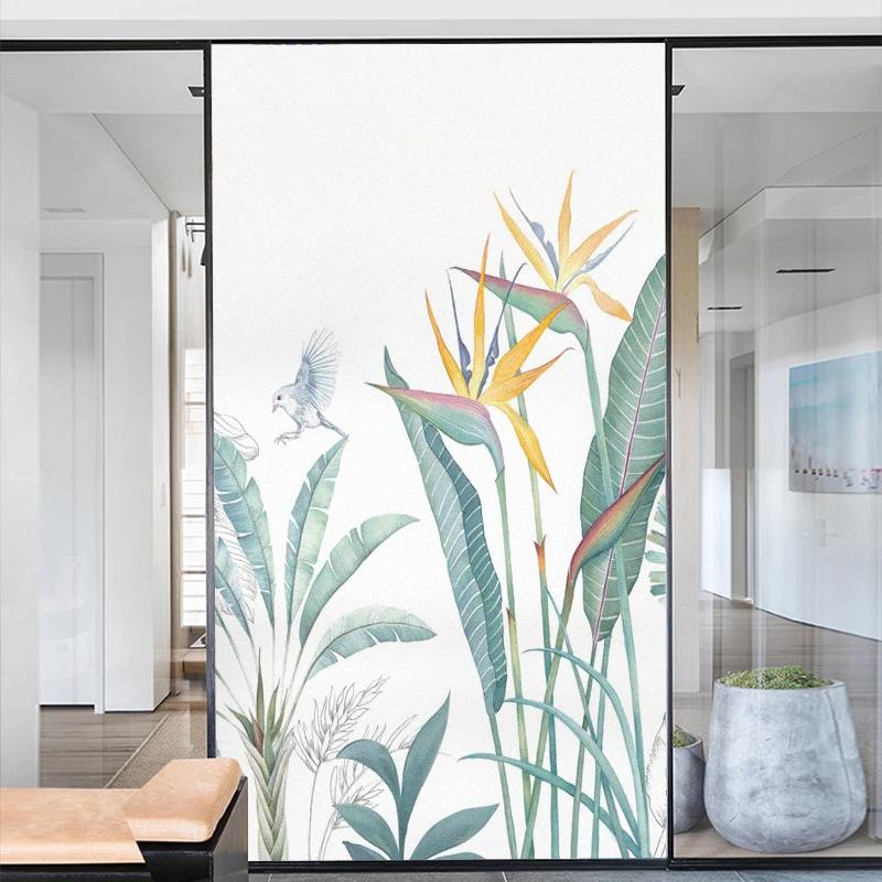 Privacy Window Film Static Cling No Glue Decorative Green Plants Window Treatments Window Coverings Glass Sticker for Home
