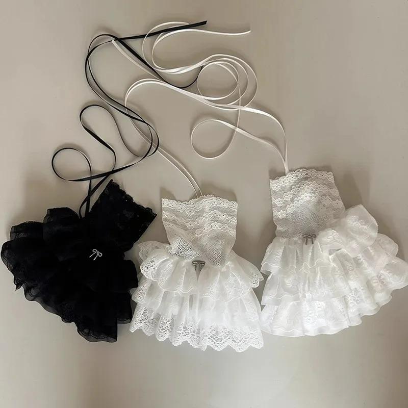 Lolita Y2K Style Sexy Lace Gloves Sweet Ruffled Tulle Fingerless Mittens Elegant Ribbon Tie Wrist Cuffs Anime Cosplay Gloves