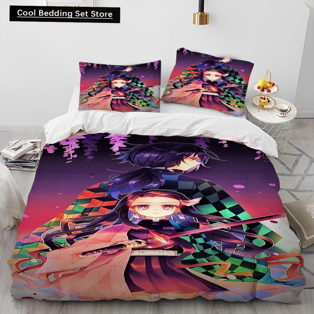 Demon Slayer Bedding Set Kamado Nezuko Duvet Cover Set Bedspread Pillowcase King Queen Full Single Size Bed Linen Kids Teen Gift