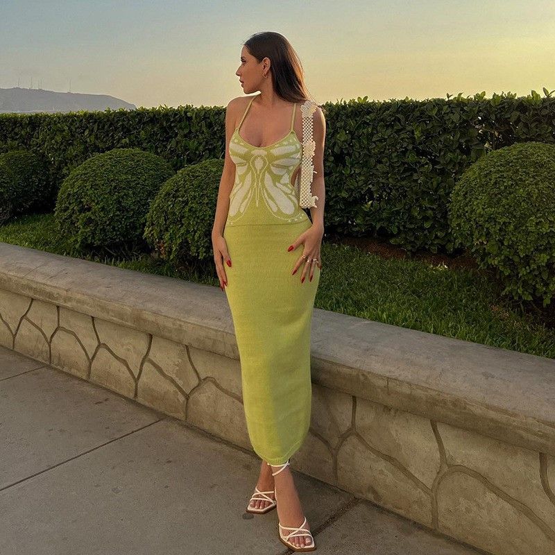 

Versatile Special Women s Clothing 2024 Summer Fashion Wind Strappy Low-Cut Sexy Open Back Knitting Shoelace Dress Green L