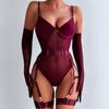 Tight Lingerie Lace Bodysuit Sexy See Through Erotic Bodysuit with Gloves Garter Night Clubwear Outfit Sissy Crotchless Mesh Top