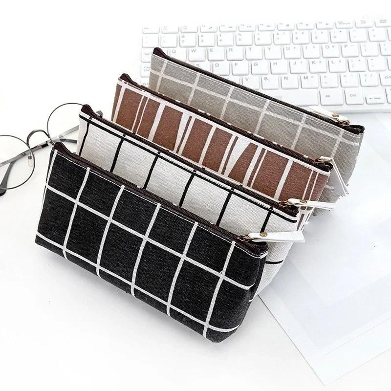 Canvas Pencil Case School Simple Striped Grid Pencilcase Office Stationery Pen Bag Students Pencils Writing Supplies Gift