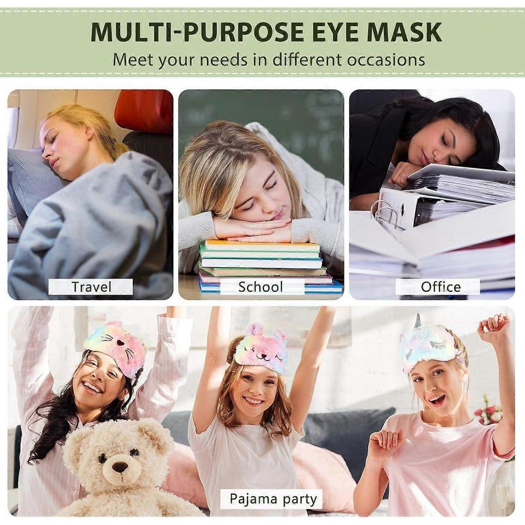 3 Pieces Sleep Mask for Kids, Girls Plush Sleeping Eye Cover Soft Eye Blindfold Cover Animal Shade for Kids(Rainbow Color,Bunny, Cat and Unicorn Style