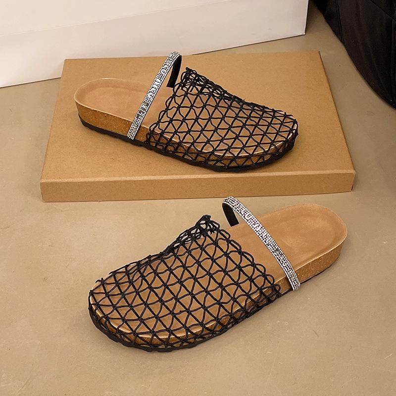 Summer new fisherman flat bottom round head baotou half slippers niche fishing net woven hollow cool slippers