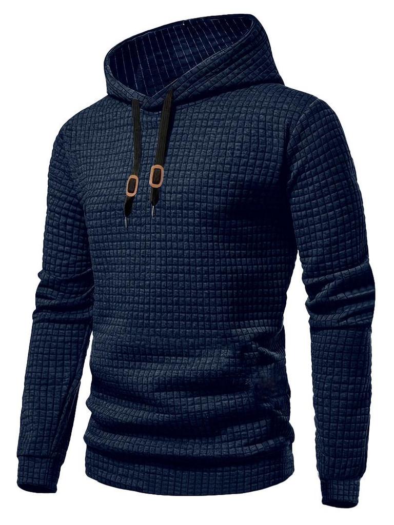 European Long Sleeve Hooded Men's Hoodie with Drawstring Jacquard Checkered Patchwork.