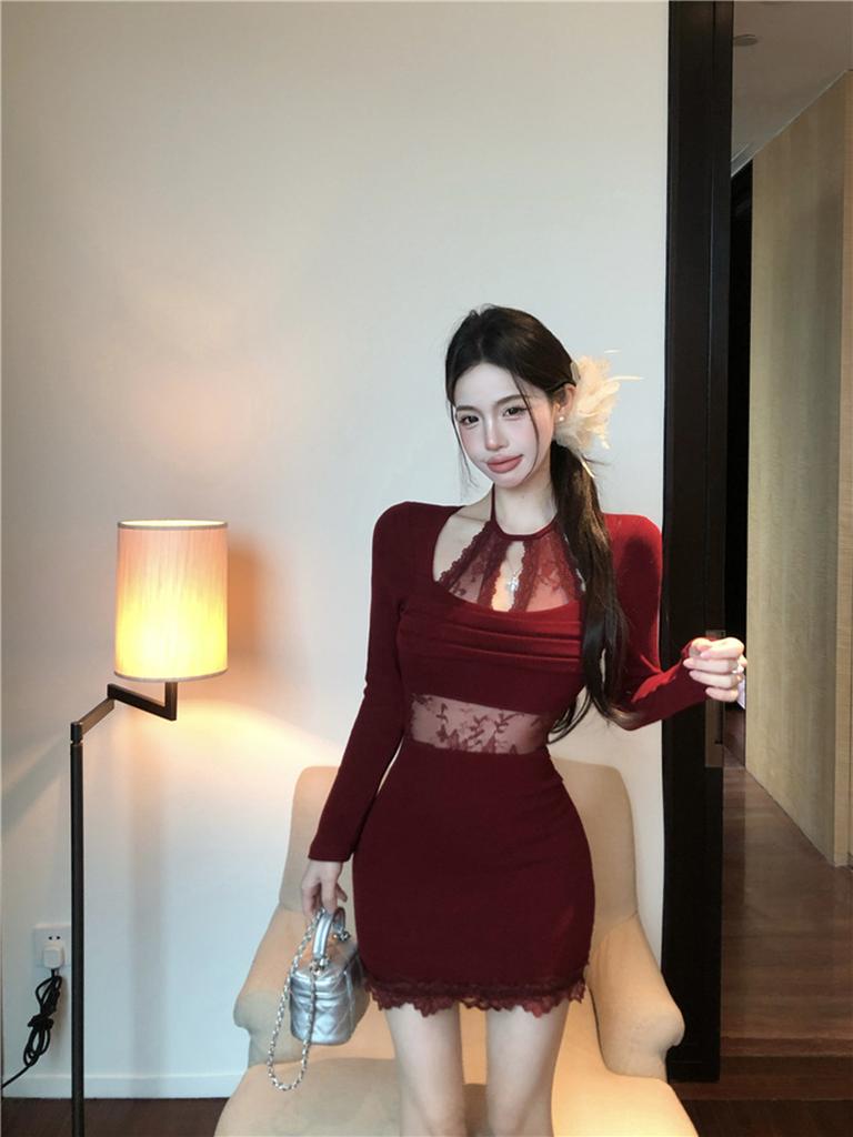 Black Lace Slim-fit Neck Spice Girl Style Dress Women's Clothing Autumn New Waist and Bottom Hip Skirt