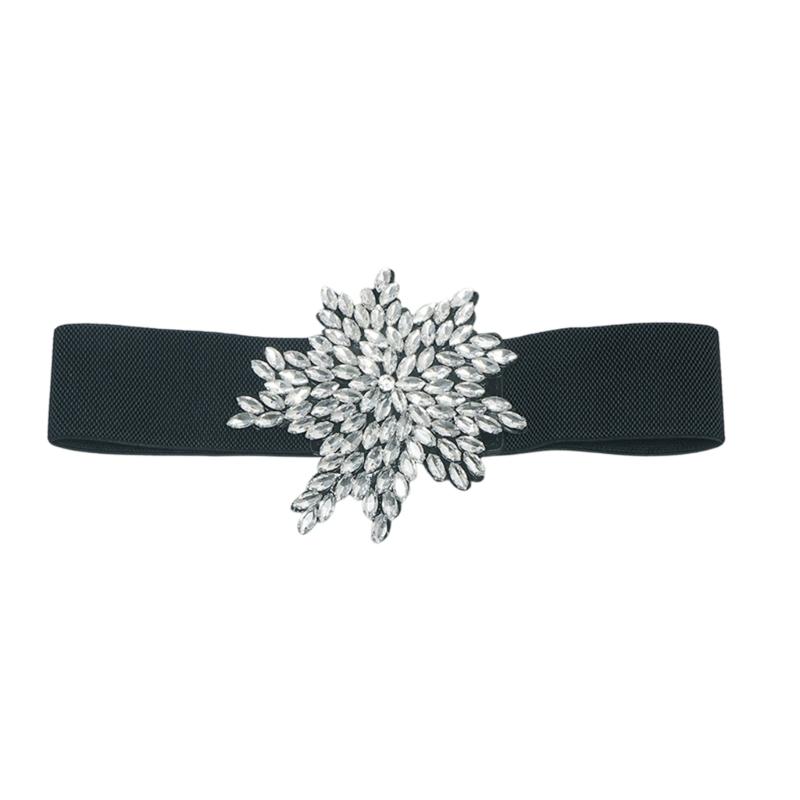 Comfort Wide Elastic Woven Belt Featuring Double Rose Rhinestones Design For Women s Fashion Waist Accessory