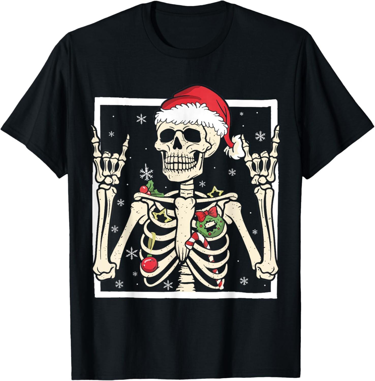 Rocker Skeleton Santa Hat Cool Christmas Punk Rock Men Boys T-Shirt S