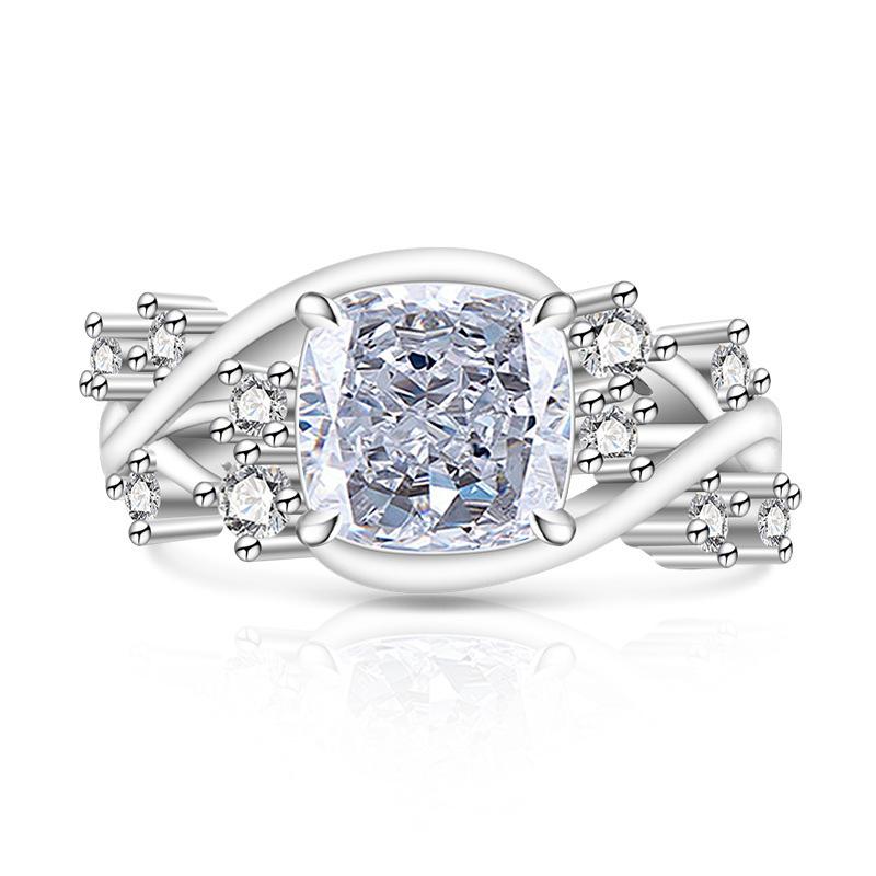 925 Sterling Silver Fashion Light Luxury Ice Flower Cut Vine Shine Crystal Zircon Fat Square Ring Birthday Anniversary Gift белый