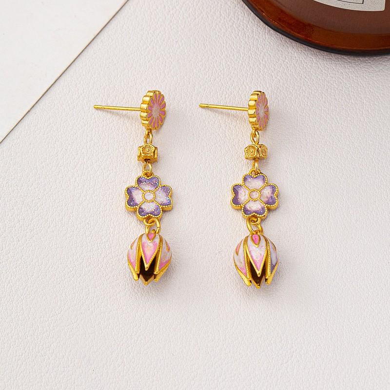 Elegant Floral Butterfly Pendant Necklace Women Vintage-Inspired Copper Drop Glaze Design Double-Sided Choker Chain Earring