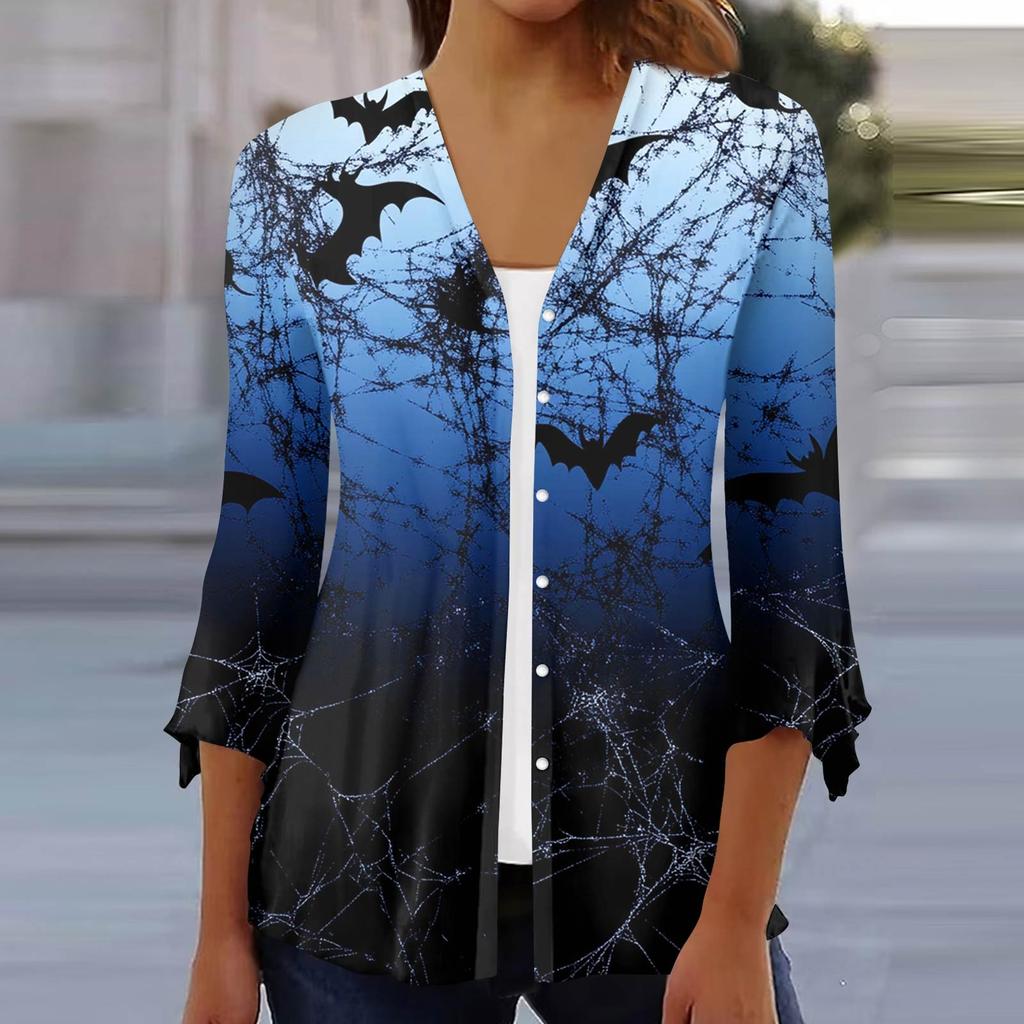 Damen Locker Lässig Bedruckt Siebenärmel Knopfleiste Hemd Strickjacke Top