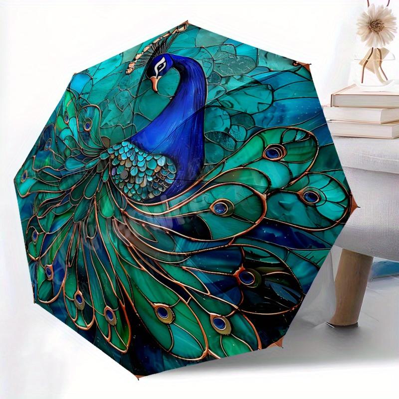 1pc Peacock Feather Compact Travel Umbrella, Automatic Folding Lightweight Windproof 8-Bone Reinforced Design, Portable for Backpack Durable
