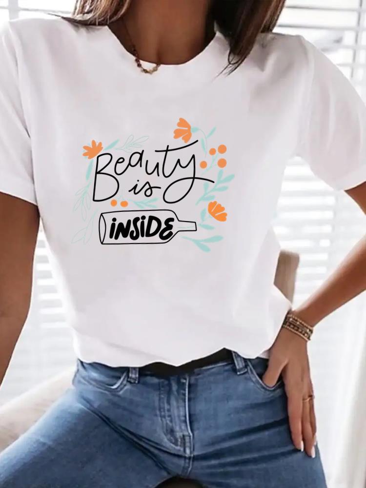 (Aziatische maat) letter bloem schattig Print Dameskleding T-shirt Top Vrouw Korte Mouw T-shirt Mode Vrouwelijke Grafische T-shirts