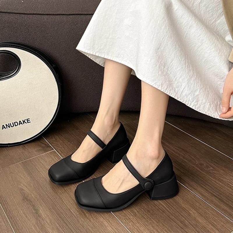 Fashion Women's Fashion Heel Shoes Autumn New Square Head Shallow Mouth Word with Anti-slip Wear-resistant Low-top Shoes