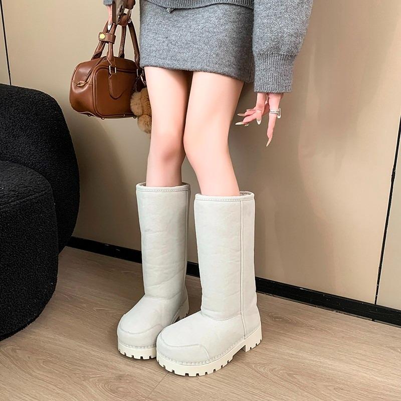 Wide Cycle Snow Boots Winter New Round Toe Suede Plush Warm Platform Block Heel Tall Boots