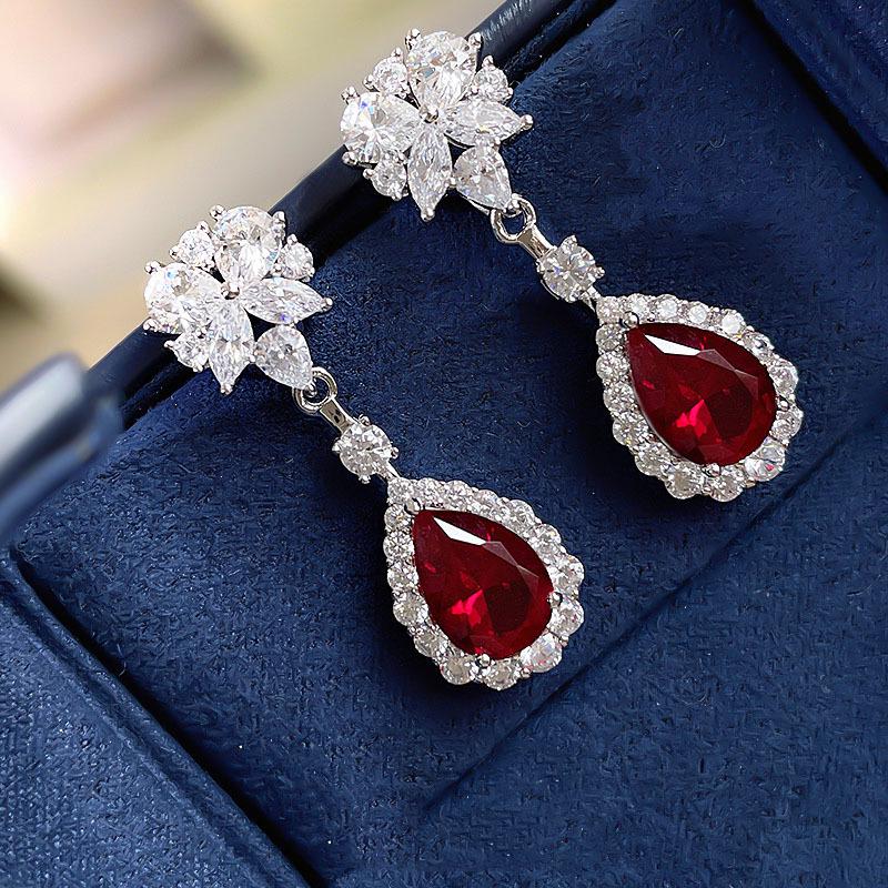 Hui Zhi Yi 2023 Silver Simulated Red Zircon Drop Earrings - European & American Trend