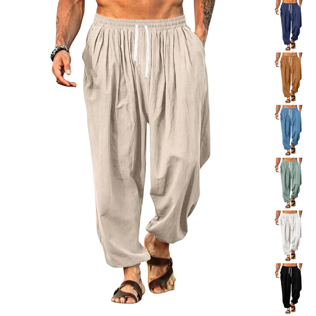 Linen Pants Men Drawstring Waist Relaxed Fit Mens Linen Pants Casual Lightweight Mens Beach Pants Comfortable Men Linen Pants for Daily Wear