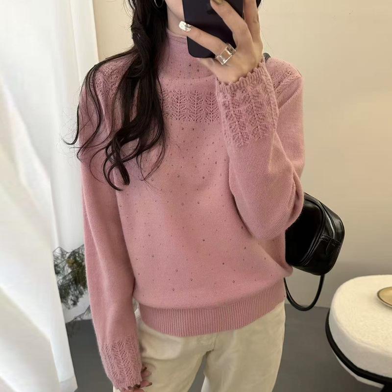 Rhinestone Jacquard Ruffled High-Neck Women's Soft Pullover Sweater