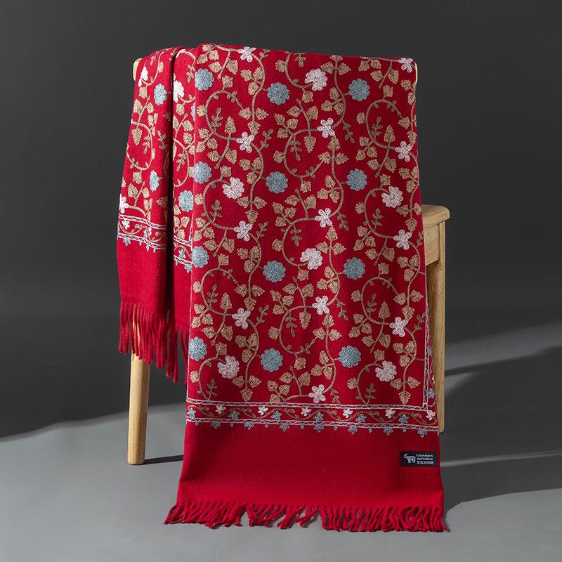 Xinjiang Embroidered Imitation Cashmere Scarf: Women’s Ethnic Style, Warm and Versatile with Tassels