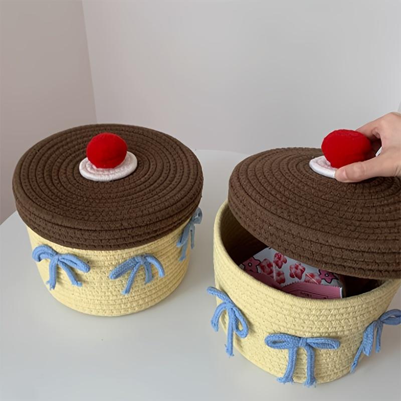 Handmade Woven Round Yellow Cute Yarn Storage Basket with Lid, Dustproof Desktop Organizer, Decorative Storage Box.