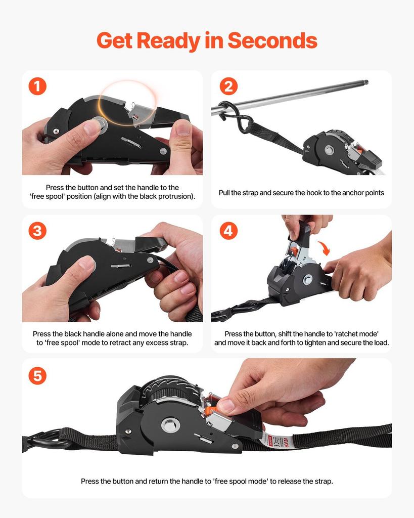 Retractable Ratchet Straps, 25.4 mm x 3 m, Tie Down Straps with S Hooks, 544 kg Break Strength, 4 Soft Loops, Tie Down Ratcheting for Moving,