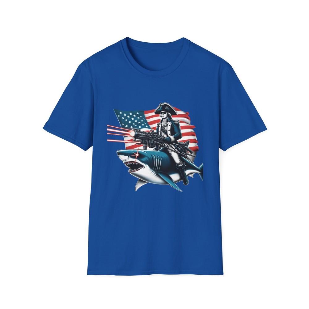 

Revolutionary Ride: George Washington Riding a Laser Shark T-Shirt M