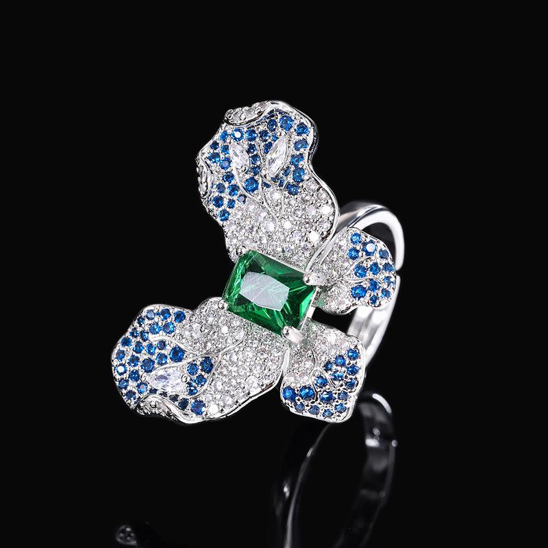 Personalized Fashion Butterfly Open Ring, Emerald Colored Treasure Ring, Three-Dimensional Exaggerated Butterfly Zircon Ring.