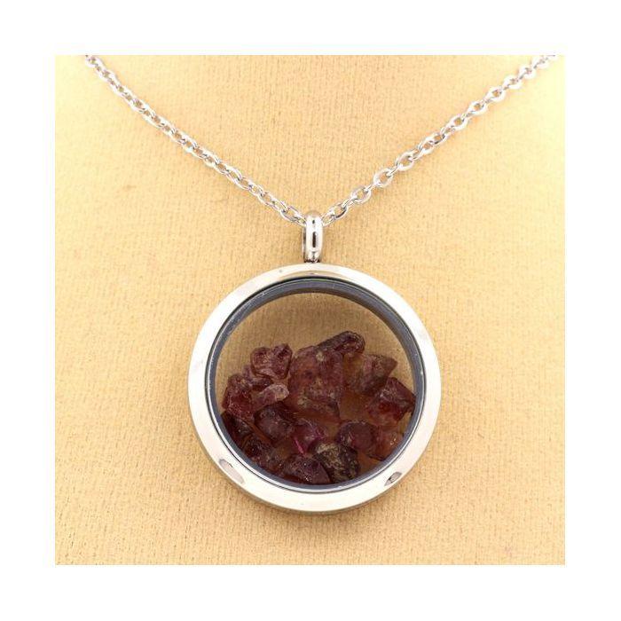 Pierres et Minéraux. Collier Grenat Rhodolite brut. Modèle Médaillon 25 mm. Couleur Argent.