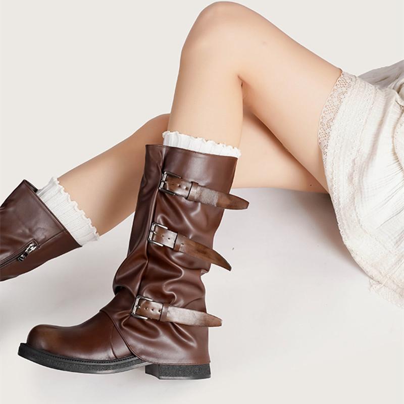 Vintage Soft Leather Belt Strap Buckle Mid-Calf Women Motorcycle Boots Fashion Thick High Heels Autumn Winter Knight Booties