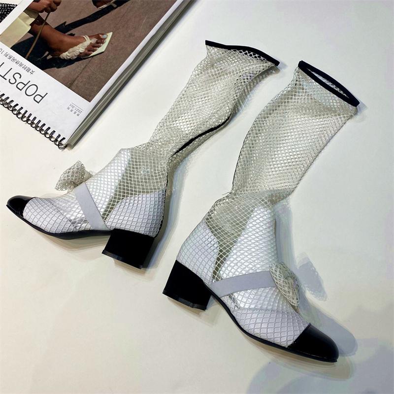 Fashion Spring Summer 2025new Rhinestone Bowkno Sexy Mesh Boots High Heels Small Fragrance Style Sandals Europe America Big Size 45 46