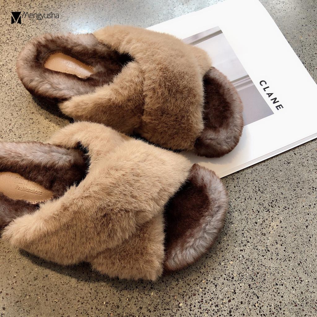 Fashion Celebrity Cross band fur slippers women winter shoes warm plush pantuflas thicken soled mixed colors fleeces slides mujer