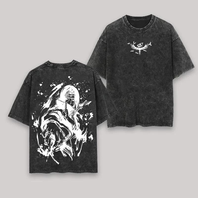 Itachi Uchiha Ink Wash T-shirt Naruto Manga Tee Vintage Washed Oversized Retro Anime Harajuku Streetwear Mens Graphic Clothe Top