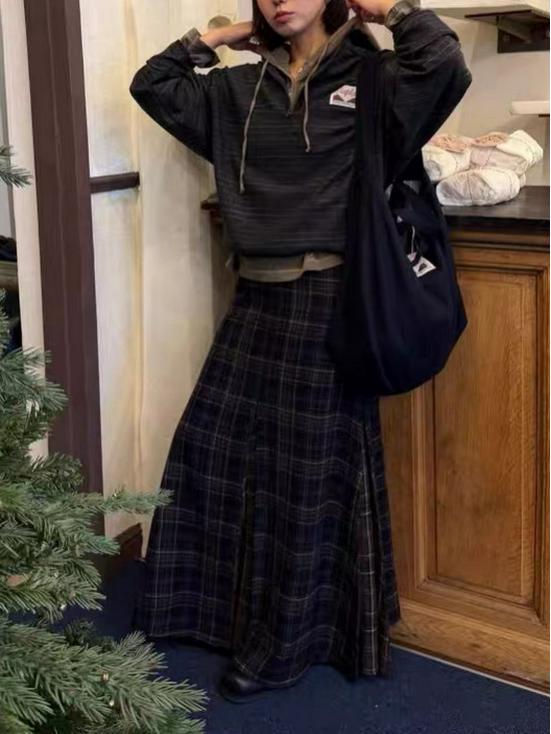 Viaplan Korean Autumn/Winter Elegant Retro Plaid Wool A-line Skirt
